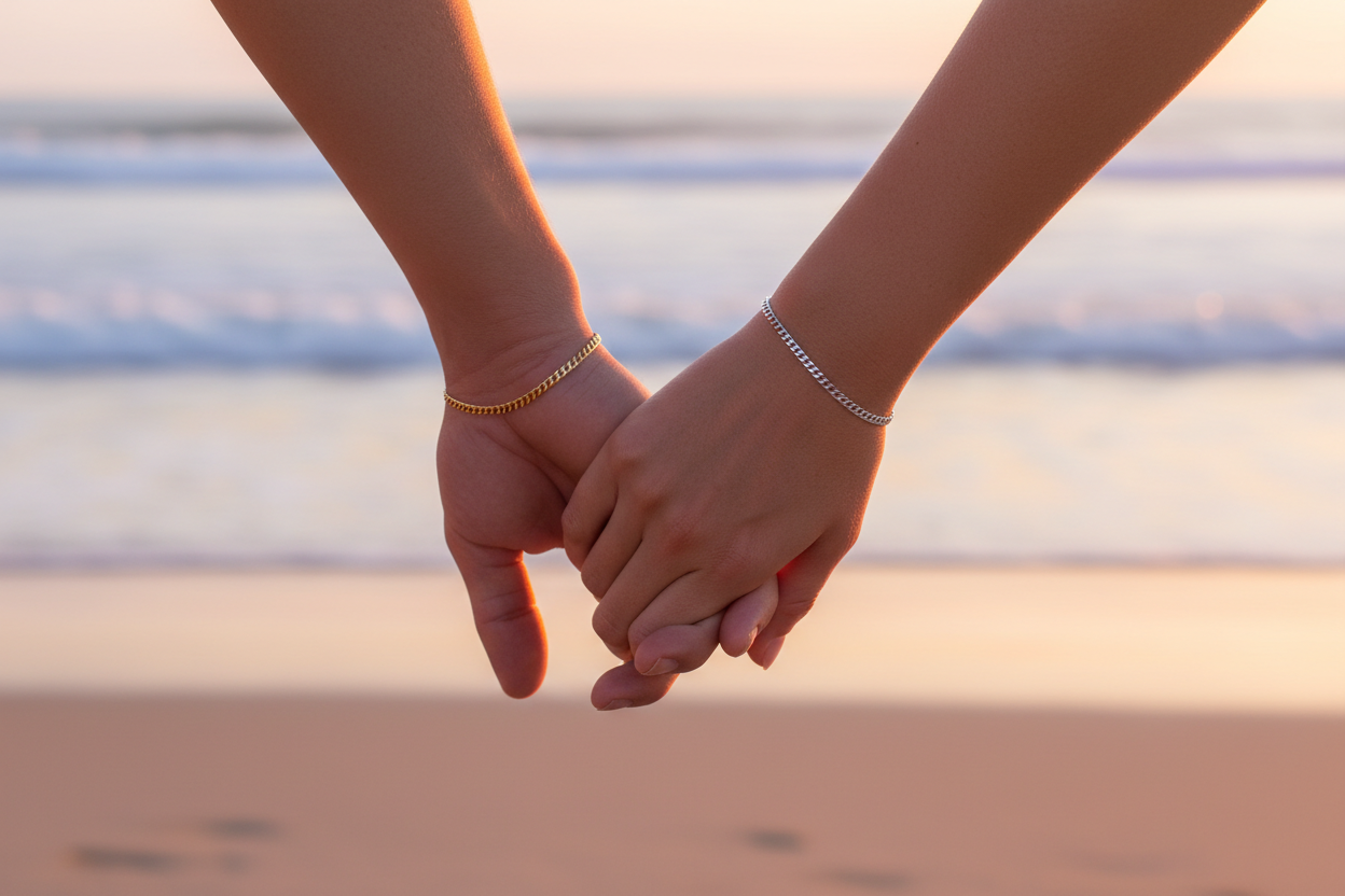A love couple whos are wearing very thin gold and silver cuban bracelet